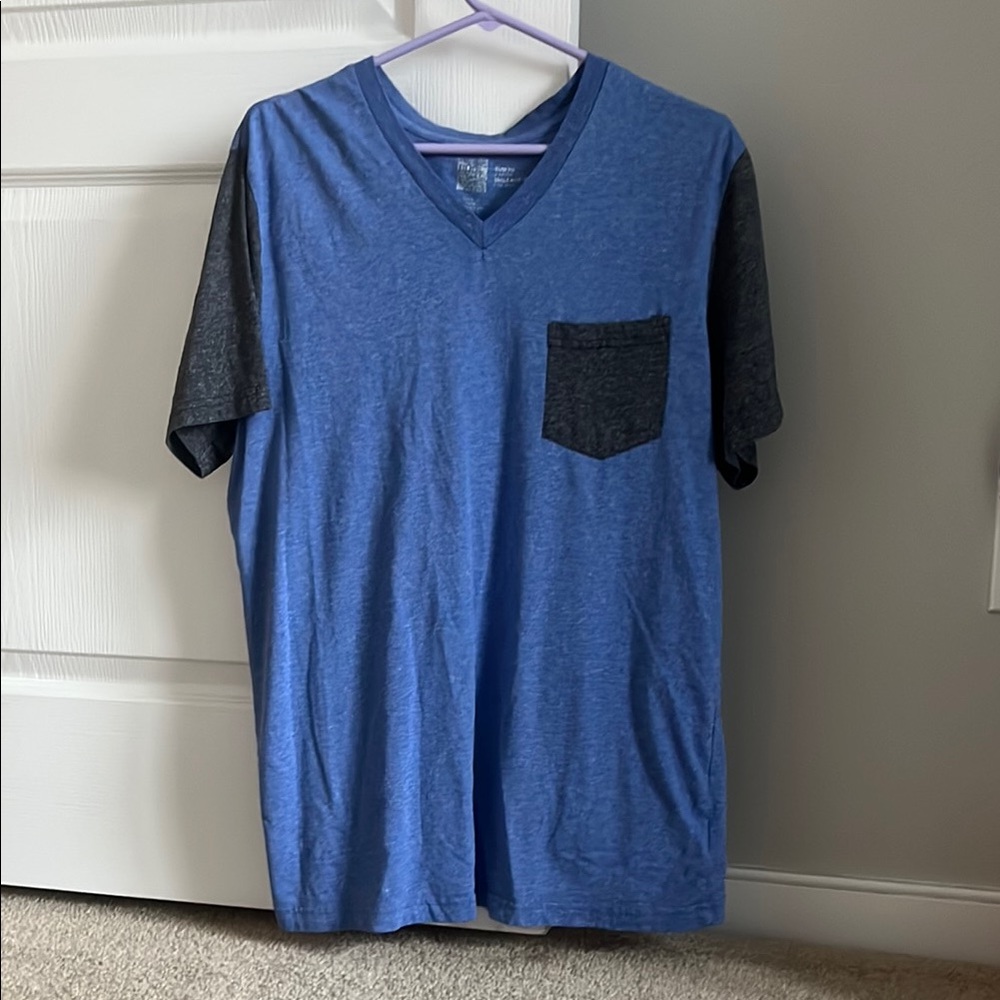 Men's Blue and Gray V-Neck Shirt